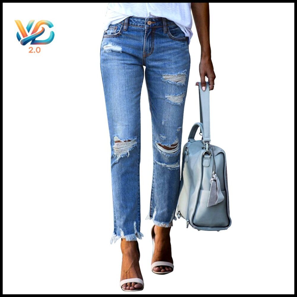 Distressed Straight Leg Boyfriend Jeans Ripped Denim Pants
